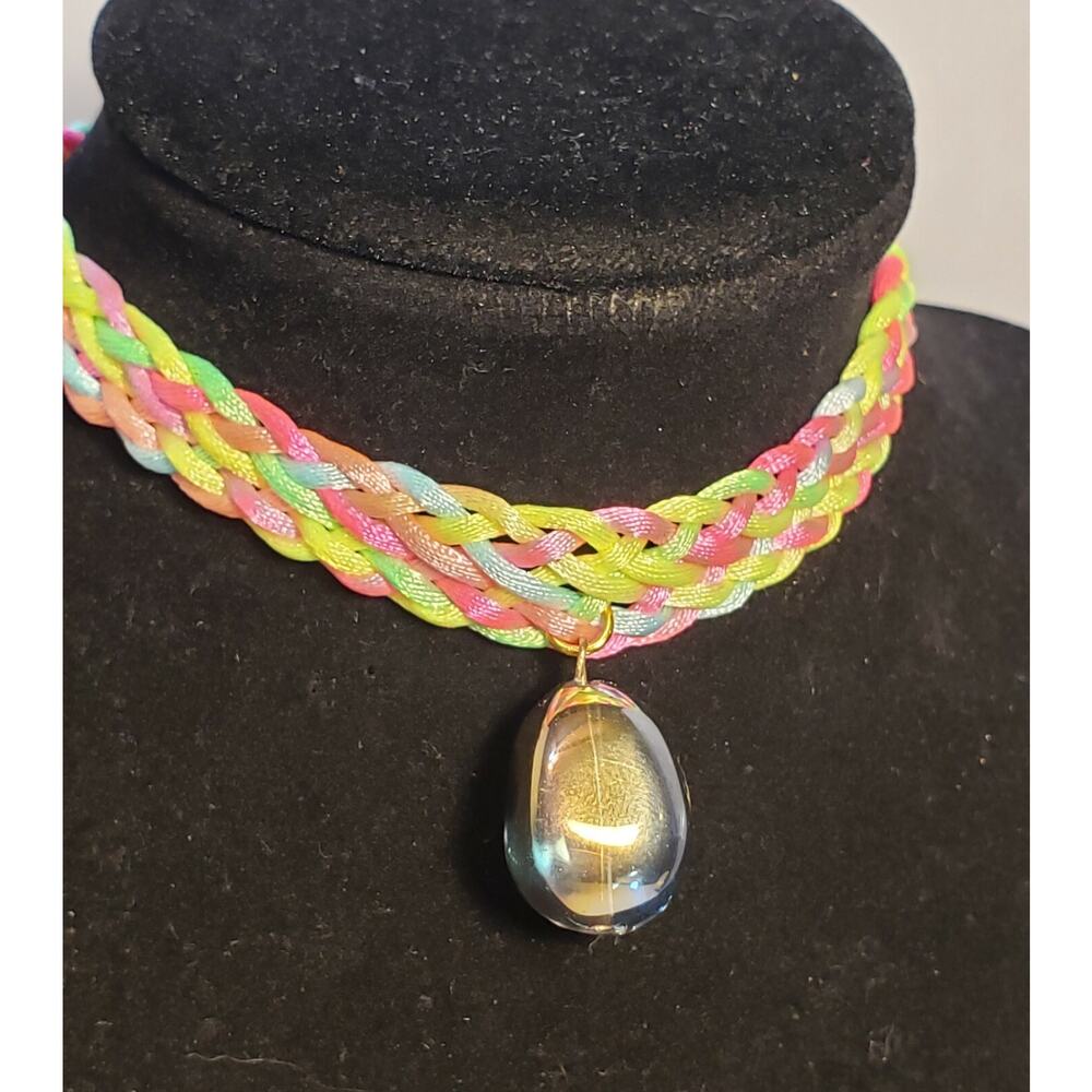 Rainbow / Multi Color Nylon Choker with Iridescent Czech Glass Drop, Adjustable